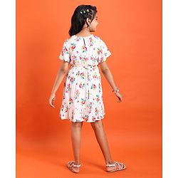 Pine Kids Cotton Woven Half Sleeves Floral Printed Frock - Snow White