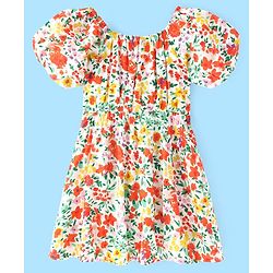 Pine Kids Cotton Woven Half Sleeves Floral Printed Frock - Snow White