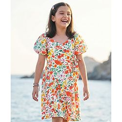 Pine Kids Cotton Woven Half Sleeves Floral Printed Frock - Snow White