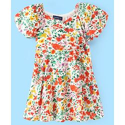 Pine Kids Cotton Woven Half Sleeves Floral Printed Frock - Snow White