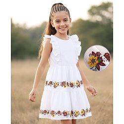 Pine Kids Woven Structure Frill Sleeves Tiered Frock with Floral Print - White