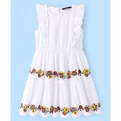 Pine Kids Woven Structure Frill Sleeves Tiered Frock with Floral Print - White
