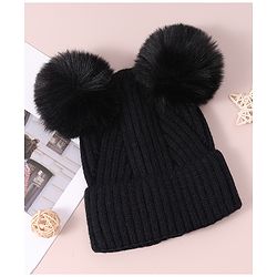 Pine Kids Cable Knit Design Woollen Cap with Pom Pom Black - Diameter 13 cm