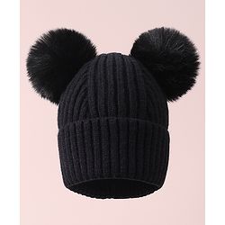 Pine Kids Cable Knit Design Woollen Cap with Pom Pom Black - Diameter 13 cm