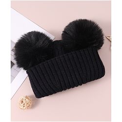 Pine Kids Cable Knit Design Woollen Cap with Pom Pom Black - Diameter 13 cm