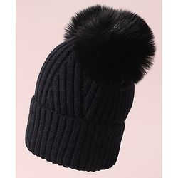 Pine Kids Cable Knit Design Woollen Cap with Pom Pom Black - Diameter 13 cm