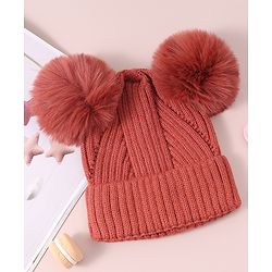 Pine Kids Cable Knit Design Woollen Cap with Pom Pom - Dark Pink