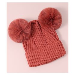 Pine Kids Cable Knit Design Woollen Cap with Pom Pom - Dark Pink