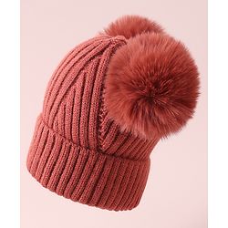 Pine Kids Cable Knit Design Woollen Cap with Pom Pom - Dark Pink