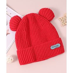 Pine Kids Cable Knit Design Woollen Cap with Pom Pom Red - Diameter 13 cm