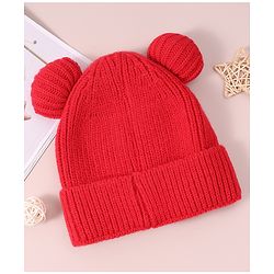 Pine Kids Cable Knit Design Woollen Cap with Pom Pom Red - Diameter 13 cm