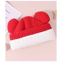 Pine Kids Cable Knit Design Woollen Cap with Pom Pom Red - Diameter 13 cm