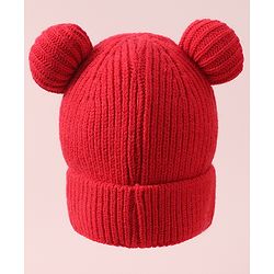 Pine Kids Cable Knit Design Woollen Cap with Pom Pom Red - Diameter 13 cm