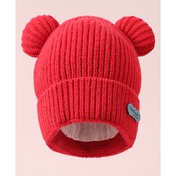 Pine Kids Cable Knit Design Woollen Cap with Pom Pom Red - Diameter 13 cm
