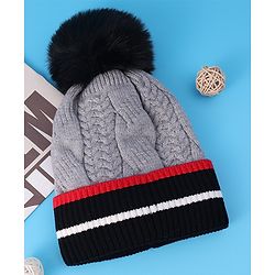 Pine Kids Woollen Cap With Pom Pom & Cable Knit Design Grey - Diameter 16 cm