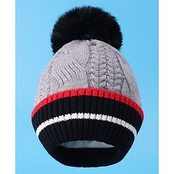 Pine Kids Woollen Cap With Pom Pom & Cable Knit Design Grey - Diameter 16 cm