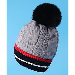 Pine Kids Woollen Cap With Pom Pom & Cable Knit Design Grey - Diameter 16 cm