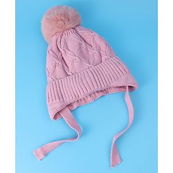 Pine Kids Woollen Cap With Knot With Cable Knit Design & Pom Pom Applique Pink - Diameter 17 cm