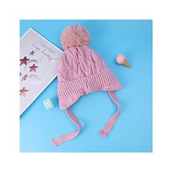 Pine Kids Woollen Cap With Knot With Cable Knit Design & Pom Pom Applique Pink - Diameter 17 cm