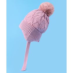 Pine Kids Woollen Cap With Knot With Cable Knit Design & Pom Pom Applique Pink - Diameter 17 cm