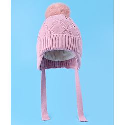 Pine Kids Woollen Cap With Knot With Cable Knit Design & Pom Pom Applique Pink - Diameter 17 cm