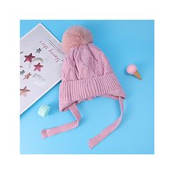 Pine Kids Woollen Cap With Knot With Cable Knit Design & Pom Pom Applique Pink - Diameter 17 cm