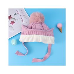 Pine Kids Woollen Cap With Knot With Cable Knit Design & Pom Pom Applique Pink - Diameter 17 cm