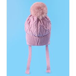 Pine Kids Woollen Cap With Knot With Cable Knit Design & Pom Pom Applique Pink - Diameter 17 cm