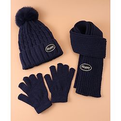 Pine Kids Woollen Cap & Muffler Set With Gloves Navy Blue - Diameter 16 cm