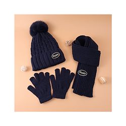Pine Kids Woollen Cap & Muffler Set With Gloves Navy Blue - Diameter 16 cm