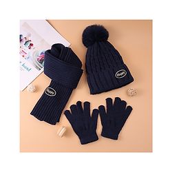Pine Kids Woollen Cap & Muffler Set With Gloves Navy Blue - Diameter 16 cm