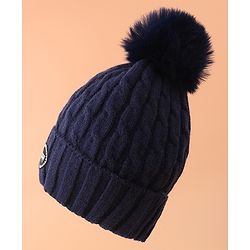 Pine Kids Woollen Cap & Muffler Set With Gloves Navy Blue - Diameter 16 cm