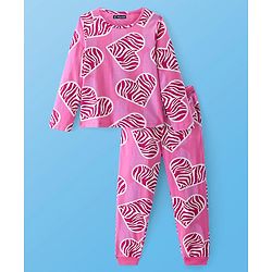 Pine Kids Cotton Knit Full Sleeves Night Suit with Hearts Print - Sachet Pink