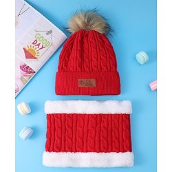 Pine Kids Woolen Cap & Muffler Set with Pom Pom - Red