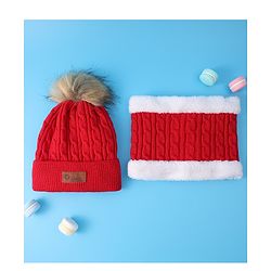 Pine Kids Woolen Cap & Muffler Set with Pom Pom - Red