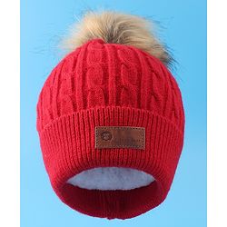 Pine Kids Woolen Cap & Muffler Set with Pom Pom - Red