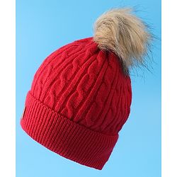 Pine Kids Woolen Cap & Muffler Set with Pom Pom - Red