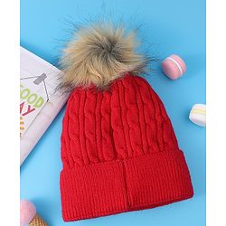 Pine Kids Woolen Cap & Muffler Set with Pom Pom - Red
