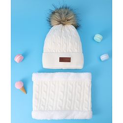 Pine Kids Woolen Cap & Muffler Set with Pom Pom - White