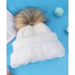 Pine Kids Woolen Cap & Muffler Set with Pom Pom - White