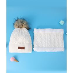 Pine Kids Woolen Cap & Muffler Set with Pom Pom - White