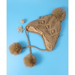 Pine Kids  Cable Knit Pom Pom Woollen Cap with Knot - Light Brown