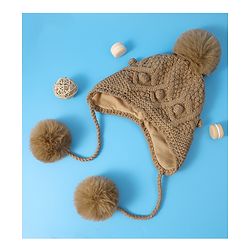 Pine Kids  Cable Knit Pom Pom Woollen Cap with Knot - Light Brown