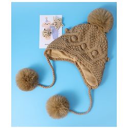 Pine Kids  Cable Knit Pom Pom Woollen Cap with Knot - Light Brown