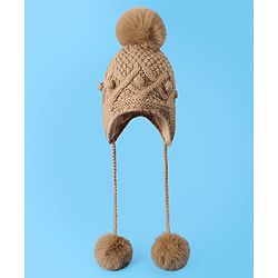 Pine Kids  Cable Knit Pom Pom Woollen Cap with Knot - Light Brown