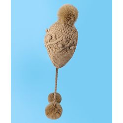 Pine Kids  Cable Knit Pom Pom Woollen Cap with Knot - Light Brown