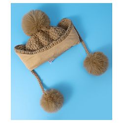 Pine Kids  Cable Knit Pom Pom Woollen Cap with Knot - Light Brown