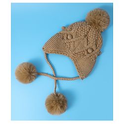 Pine Kids  Cable Knit Pom Pom Woollen Cap with Knot - Light Brown