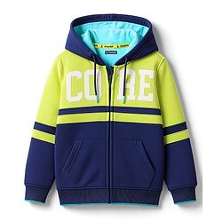 Pine Kids Cotton Knit Full Sleeves Front Open Hooded Sweatjacket with Text Print & Kangaroo Pockets - Navy Blue & Lime Green