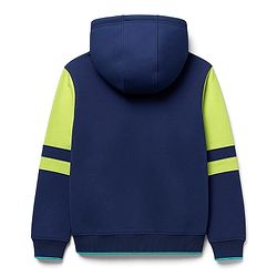 Pine Kids Cotton Knit Full Sleeves Front Open Hooded Sweatjacket with Text Print & Kangaroo Pockets - Navy Blue & Lime Green